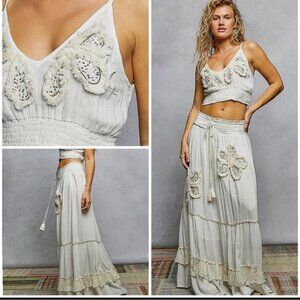 POL Skirt and Top Set-Embroidered Fringe Crop Top and Long Lined Skirt New !